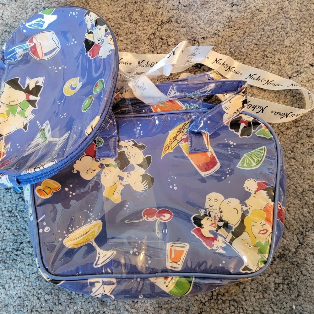 Nick and Nora Set of 3 Travel/Cosmetic Bags Blue with Celebration/Drinking Theme